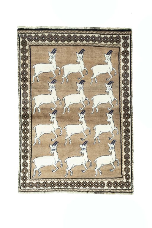 Full view of 2000s Persian Gabbeh rug from Iran / Persia, 146 × 103 cm in Brown tones