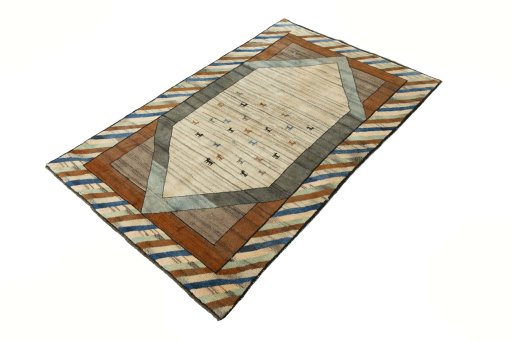 Corner detail of 2000s Persian Gabbeh rug showing border pattern and Wool pile