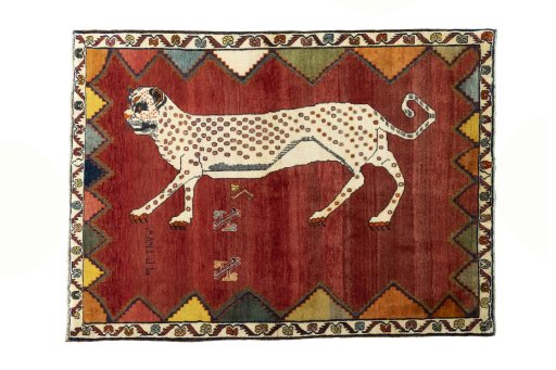 Full view of 2000s Persian Gabbeh rug from Iran / Persia, 193 × 142 cm in Red tones