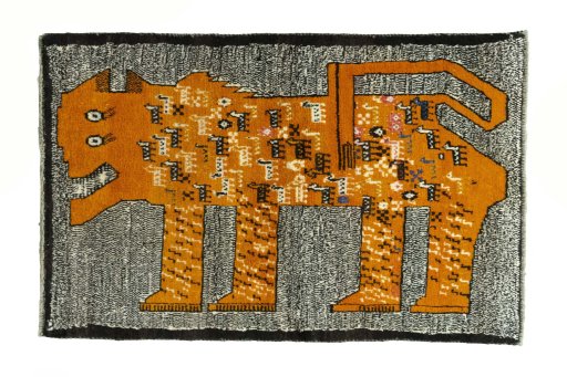Full view of 2000s Persian Gabbeh rug from Iran / Persia, 156 × 101 cm in Yellow tones