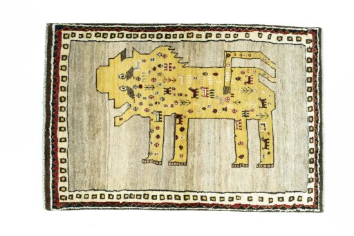 Full view of 2000s Persian Gabbeh rug from Iran / Persia, 150 × 100 cm in Beige tones