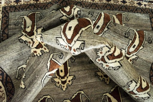 Full view of 2000s Persian Gabbeh rug from Iran / Persia, 260 × 148 cm in Gray tones
