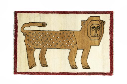 Full view of 2000s Persian Gabbeh rug from Iran / Persia, 128 × 84 cm in Beige tones