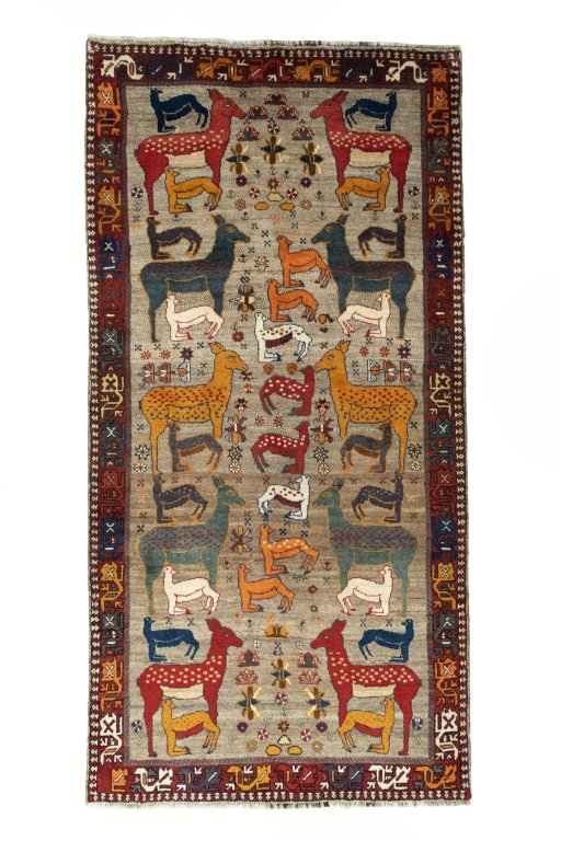 Full view of 2000s Persian Gabbeh rug from Iran / Persia, 284 × 142 cm in Multi Color tones