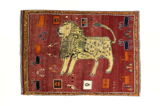 Full view of 2000s Persian Gabbeh rug from Iran / Persia, 223 × 160 cm in Red tones