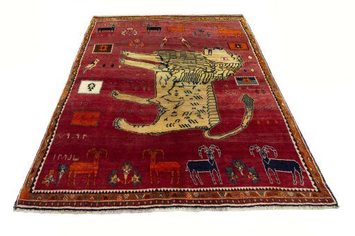 Surface texture of 2000s Persian Gabbeh rug with natural Wool and intricate pattern