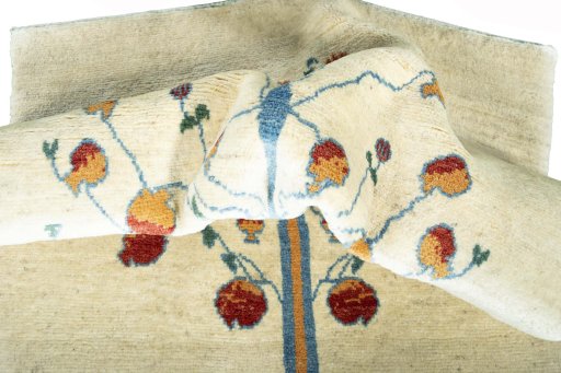 Corner detail of New Persian Gabbeh rug showing border pattern and Wool pile
