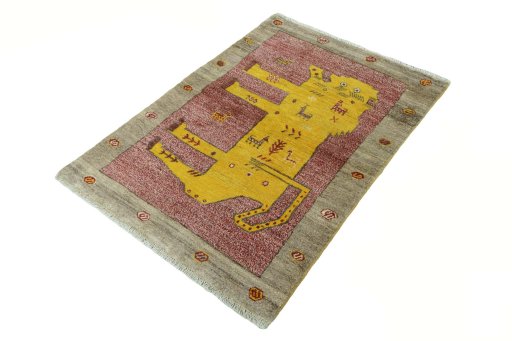 Corner detail of 2000s Persian Gabbeh rug showing border pattern and Wool pile