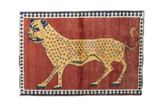 Full view of 2000s Persian Gabbeh rug from Iran / Persia, 153 × 105 cm in Red tones