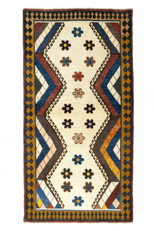 Full view of 2000s Persian Gabbeh rug from Iran / Persia, 200 × 103 cm in Multi Color tones