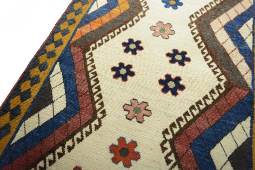Backside of handmade 2000s Persian Gabbeh rug showing knot structure and weave density