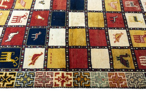 Close-up detail of 2000s Persian Gabbeh rug from Iran / Persia showing Wool weave