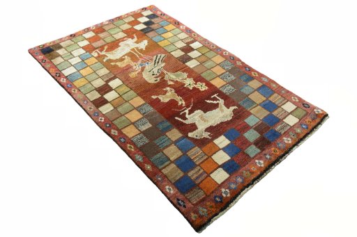 Close-up detail of 2000s Persian Gabbeh rug from Iran / Persia showing Wool weave