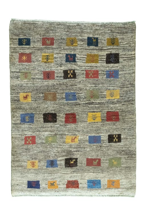 Full view of New Persian Gabbeh rug from Iran / Persia, 137 × 100 cm in Gray tones