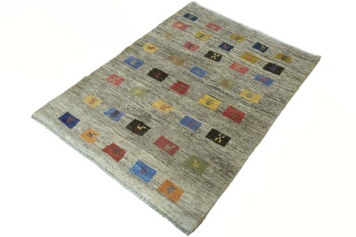 Corner detail of New Persian Gabbeh rug showing border pattern and Wool pile