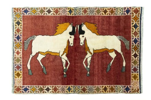 Full view of 2000s Persian Gabbeh rug from Iran / Persia, 150 × 103 cm in Red tones