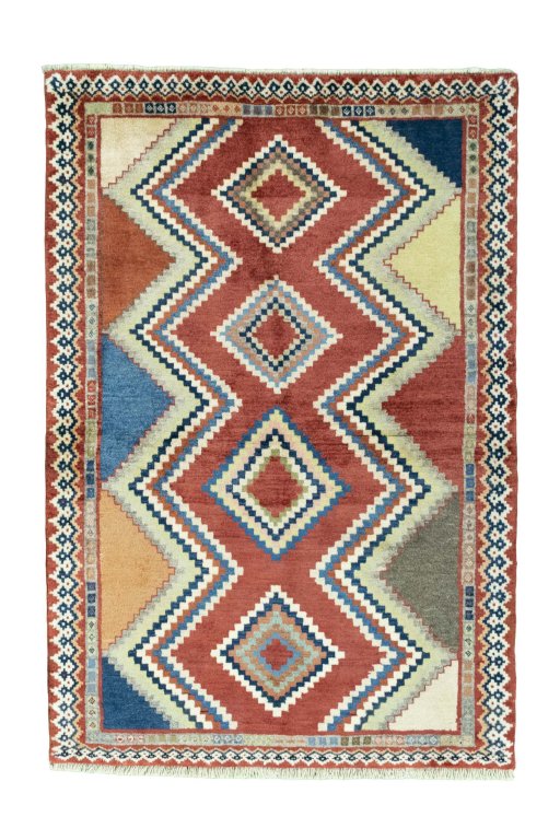 Full view of 2000s Persian Gabbeh rug from Iran / Persia, 152 × 103 cm in Multi Color tones