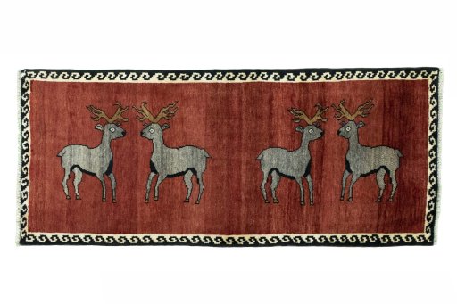 Full view of 2000s Persian Gabbeh rug from Iran / Persia, 171 × 74 cm in Red tones