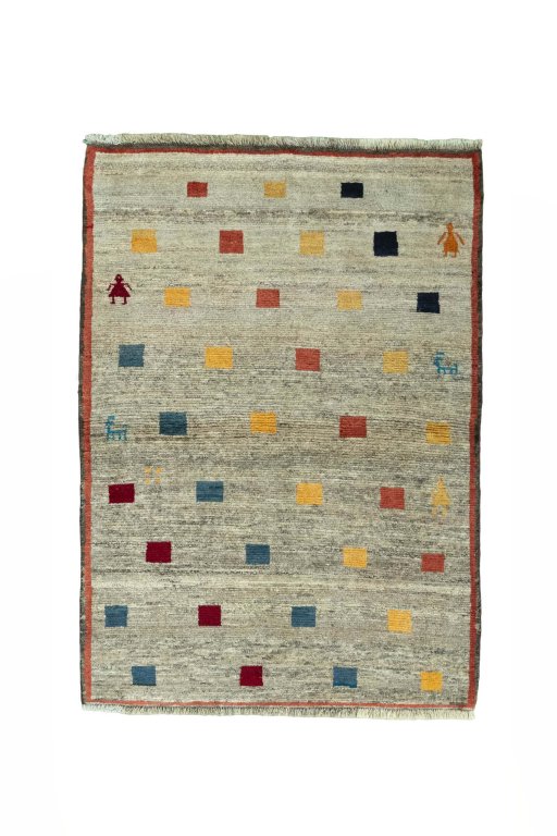 Full view of 2000s Persian Gabbeh rug from Iran / Persia, 144 × 103 cm in Beige tones