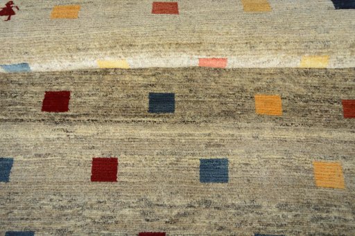 Full view of 2000s Persian Gabbeh rug from Iran / Persia, 144 × 103 cm in Beige tones