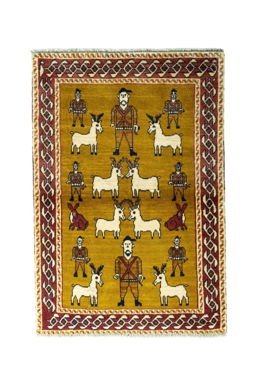 Full view of 2000s Persian Gabbeh rug from Iran / Persia, 151 × 101 cm in Yellow tones