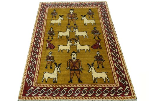 Surface texture of 2000s Persian Gabbeh rug with natural Wool and intricate pattern