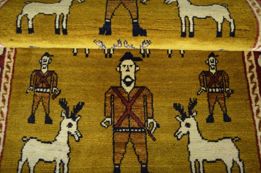 Full view of 2000s Persian Gabbeh rug from Iran / Persia, 151 × 101 cm in Yellow tones