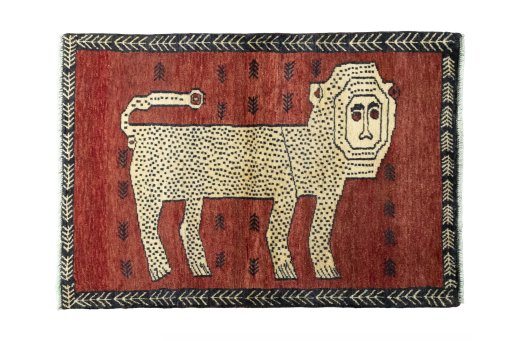 Full view of 2000s Persian Gabbeh rug from Iran / Persia, 141 × 98 cm in Red tones