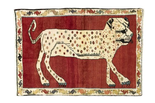 Full view of 2000s Persian Gabbeh rug from Iran / Persia, 146 × 102 cm in Red tones