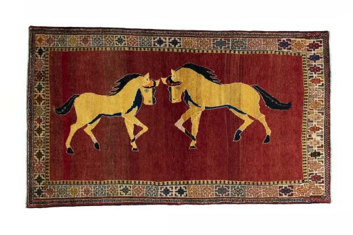 Full view of 2000s Persian Gabbeh rug from Iran / Persia, 214 × 123 cm in Red tones