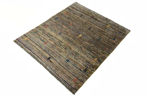 Corner detail of 2000s Persian Gabbeh rug showing border pattern and Wool pile