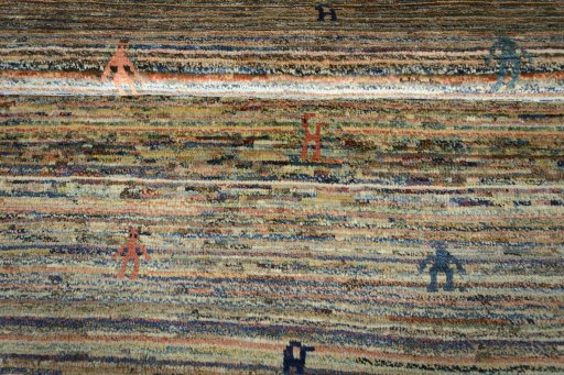Full view of 2000s Persian Gabbeh rug from Iran / Persia, 138 × 121 cm in Multi Color tones