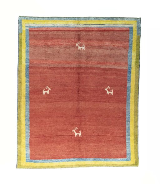 Full view of 2000s Persian Gabbeh rug from Iran / Persia, 268 × 217 cm in Red tones