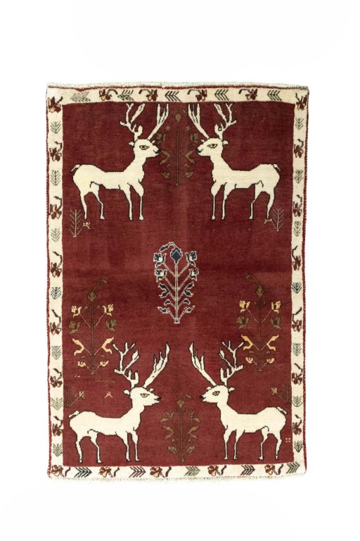 Full view of 2000s Persian Gabbeh rug from Iran / Persia, 153 × 100 cm in Red tones