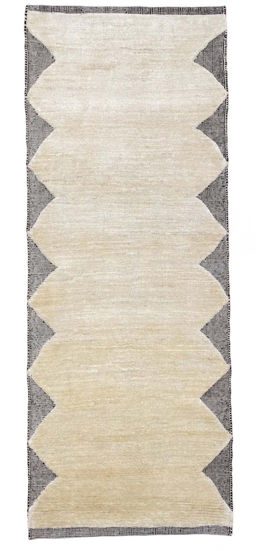 Corner detail of New Persian Gabbeh rug showing border pattern and Wool pile