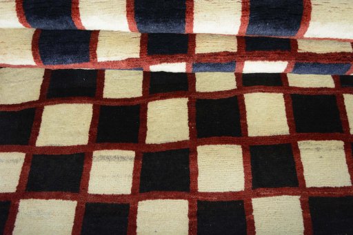 Full view of 2000s Persian Gabbeh rug from Iran / Persia, 226 × 117 cm in Gray tones