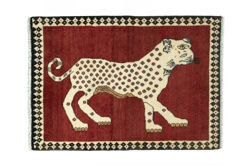 Full view of 2000s Persian Gabbeh rug from Iran / Persia, 118 × 85 cm in Red tones