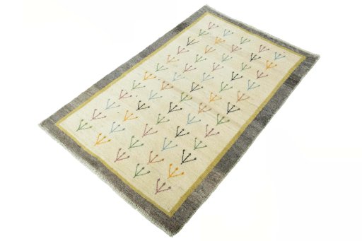 Corner detail of New Persian Gabbeh rug showing border pattern and Wool pile