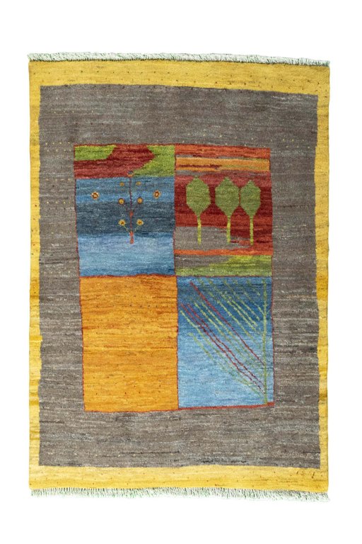 Full view of New Persian Gabbeh rug from Iran / Persia, 148 × 103 cm in Multi Color tones