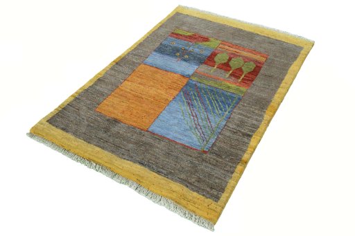 Corner detail of New Persian Gabbeh rug showing border pattern and Wool pile