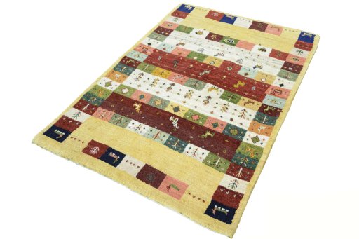 Corner detail of New Persian Gabbeh rug showing border pattern and Wool pile