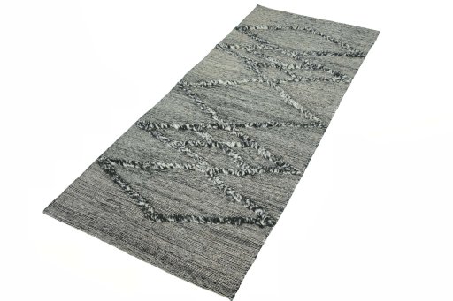 Corner detail of New Persian Gabbeh rug showing border pattern and Cotton pile