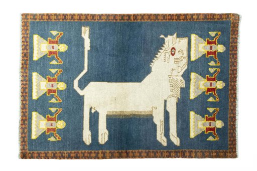 Full view of 2000s Persian Gabbeh rug from Iran / Persia, 152 × 103 cm in Blue tones