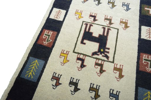 Backside of handmade New Persian Gabbeh rug showing knot structure and weave density