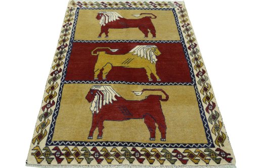 Surface texture of 2000s Persian Gabbeh rug with natural Wool and intricate pattern