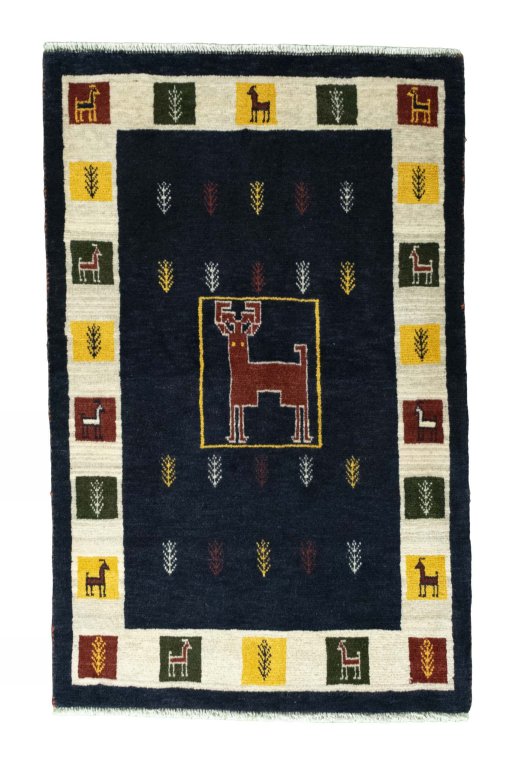 Full view of New Persian Gabbeh rug from Iran / Persia, 127 × 81 cm in Blue tones