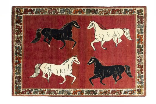 Full view of 2000s Persian Gabbeh rug from Iran / Persia, 198 × 135 cm in Red tones
