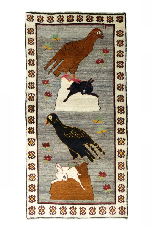 Full view of 2000s Persian Gabbeh rug from Iran / Persia, 221 × 110 cm in Gray tones