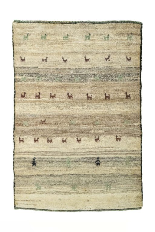 Full view of New Persian Gabbeh rug from Iran / Persia, 131 × 90 cm in Beige tones