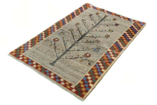Corner detail of New Persian Gabbeh rug showing border pattern and Wool pile